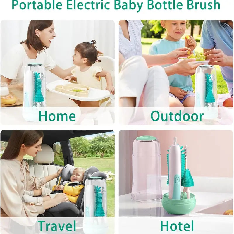 Electric Baby Bottle Brush Cleaner 360° Rotating Rechargeable Bottlewasher - Portable Kit with Food-Grade Silicone Brushes, Nipple Brush, Straw Cleaner, Drying Rack & Organizer, IPX7 Waterproof, 6-Piece Set