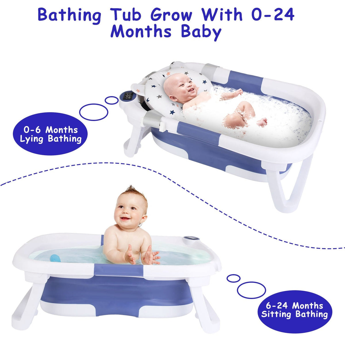 Baby Bath Tub with Thermometer Collapsible Travel-Friendly 0-24Months Baby Bathtub with Drain Hole For Newborn Infant Toddler Odorless Non-Toxic Folda