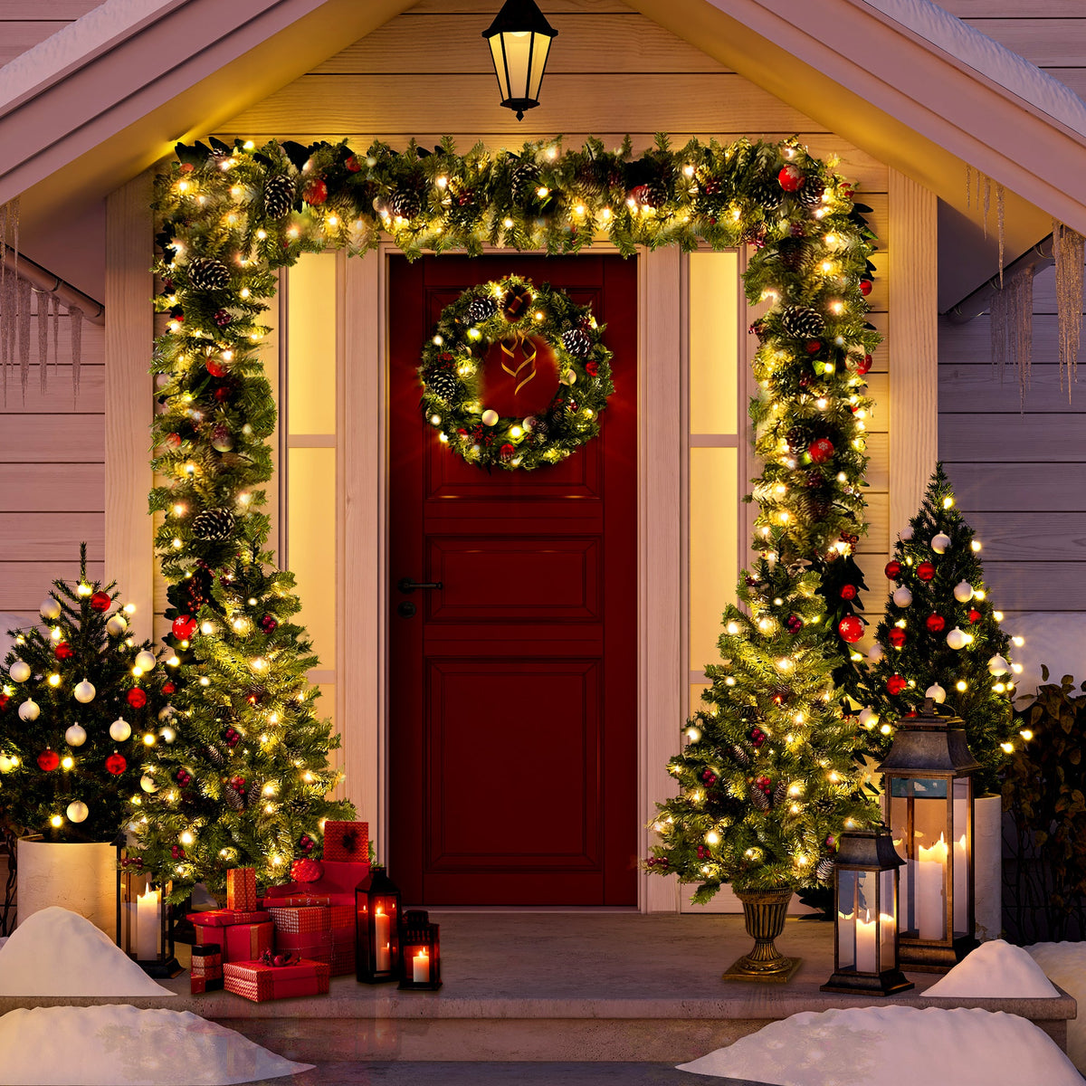 Pre-Lit Christmas Tree 4-Piece Set with LED Lights - Green