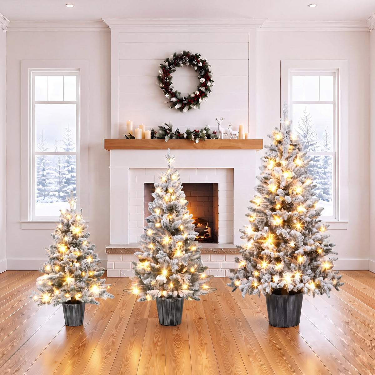 3-Piece Flocked Pre-Lit Christmas Tree Set with Warm White LED Lights - Flocked Finish