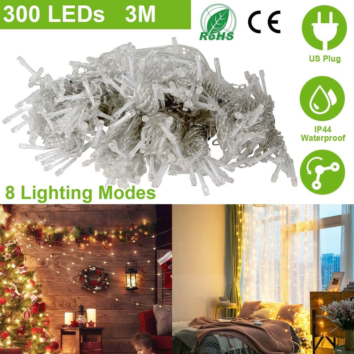 3M 300 LEDs String Curtain Light with Remote