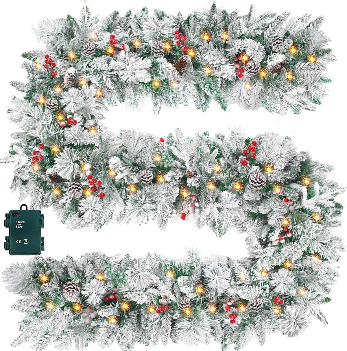 9 Ft Pre-Lit Snowy Christmas Garland with Lights & Timer