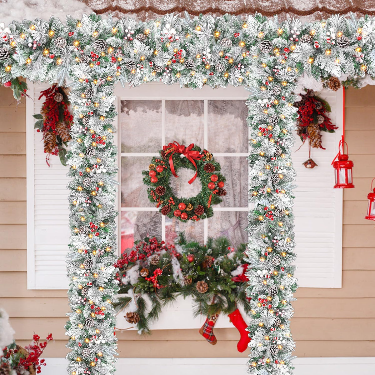 9 Ft Pre-Lit Snowy Christmas Garland with Lights & Timer