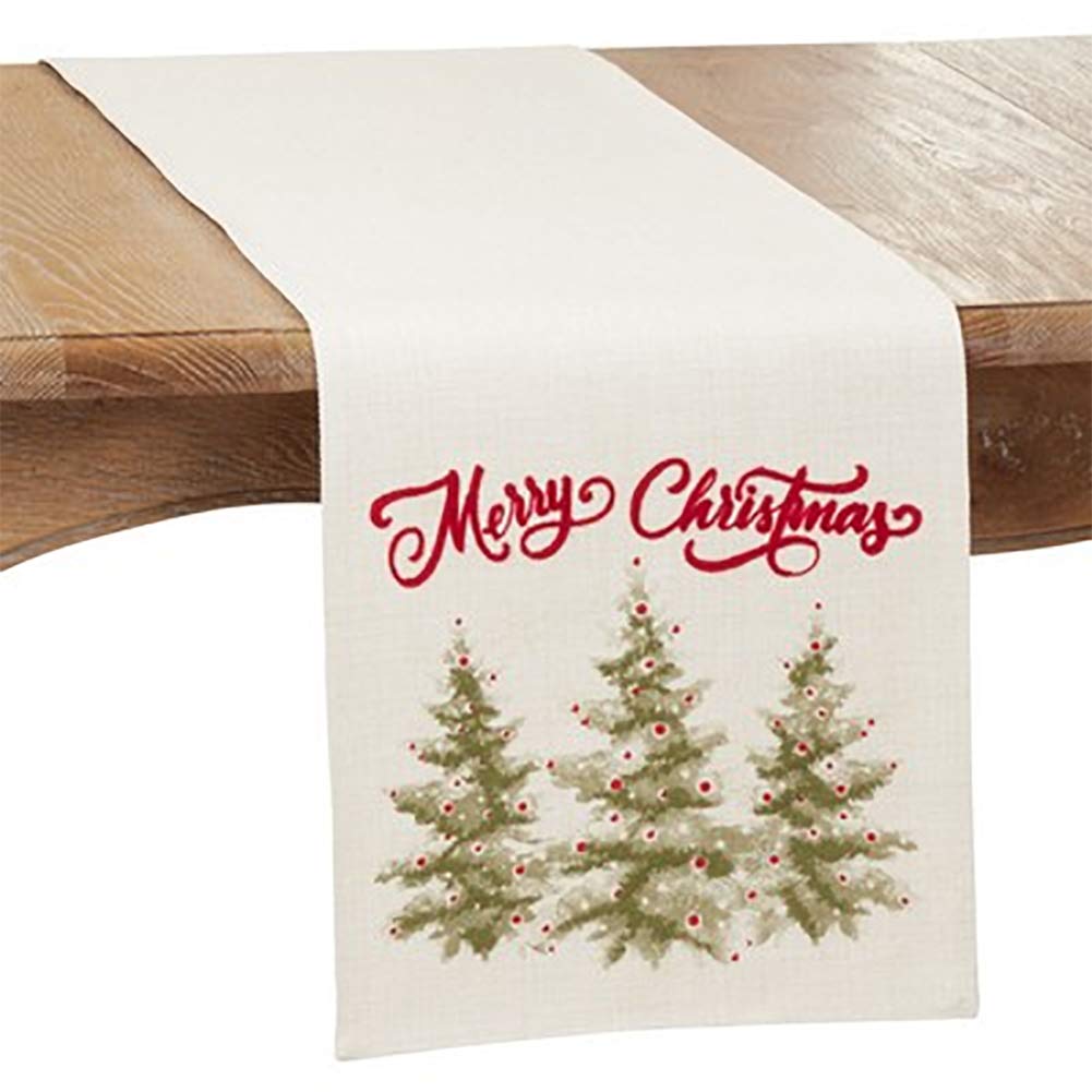 Fennco Styles Merry Christmas Holiday Trees Decorative Table Runner 13" W x 72" L - Natural Festive Table Cover for Banquets, Christmas, Special Events and Home Décor