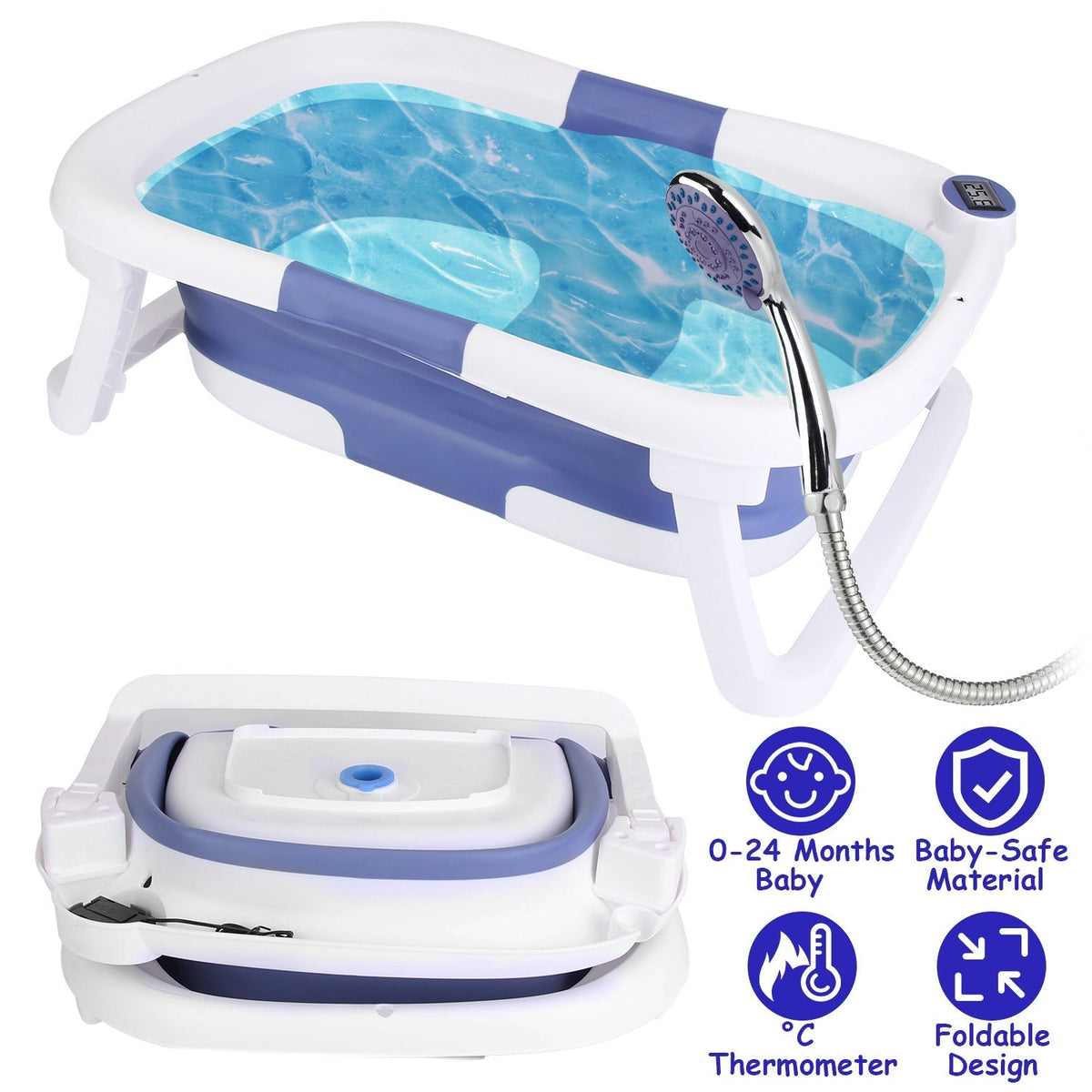 Baby Bath Tub with Thermometer Collapsible Travel-Friendly 0-24Months Baby Bathtub with Drain Hole For Newborn Infant Toddler Odorless Non-Toxic Folda