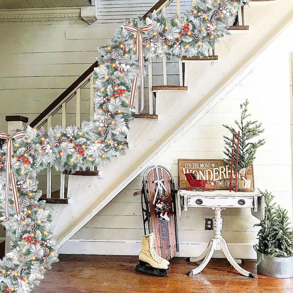 9 Ft Pre-Lit Snowy Christmas Garland with Lights & Timer