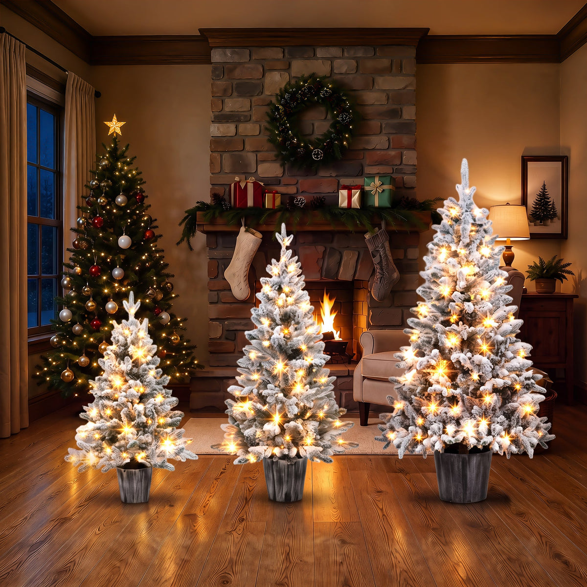 3-Piece Flocked Pre-Lit Christmas Tree Set with Warm White LED Lights - Flocked Finish