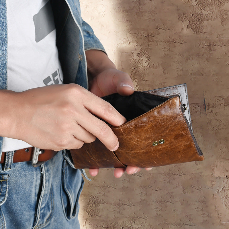 Men's Genuine Leather Fashion Double Zipper Multiple Slots Men's Wallets