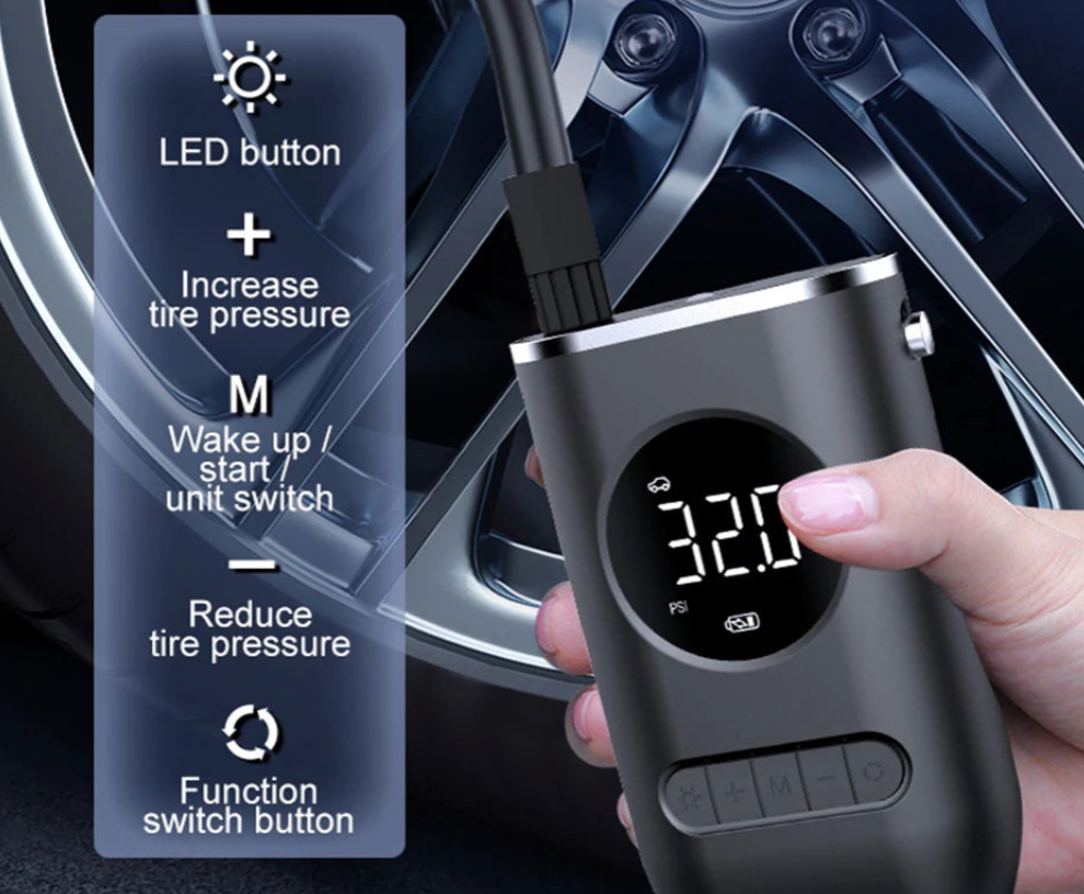 π Portable Wireless Digital Tire Inflator β Multifunctional Electric Air Pump for Cars, Motorcycles, Bikes & More (150 PSI | 2000mAh Dual Battery)