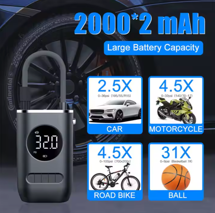 π Portable Wireless Digital Tire Inflator β Multifunctional Electric Air Pump for Cars, Motorcycles, Bikes & More (150 PSI | 2000mAh Dual Battery)