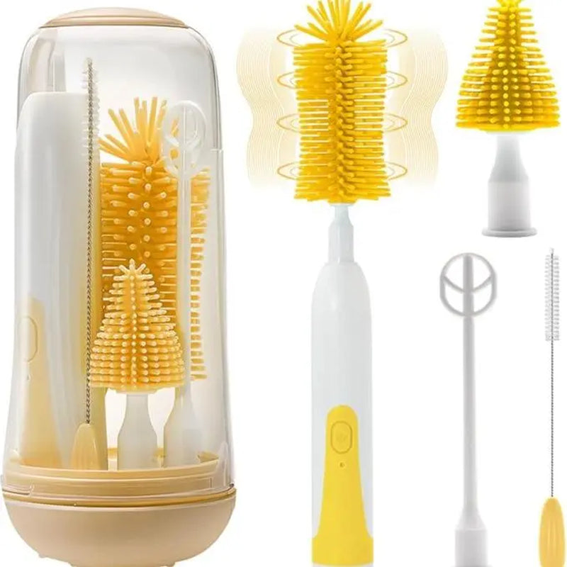 Electric Baby Bottle Brush Cleaner 360° Rotating Rechargeable Bottlewasher - Portable Kit with Food-Grade Silicone Brushes, Nipple Brush, Straw Cleaner, Drying Rack & Organizer, IPX7 Waterproof, 6-Piece Set