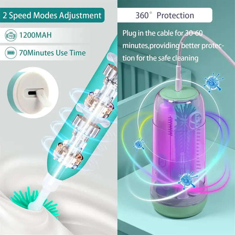 Electric Baby Bottle Brush Cleaner 360° Rotating Rechargeable Bottlewasher - Portable Kit with Food-Grade Silicone Brushes, Nipple Brush, Straw Cleaner, Drying Rack & Organizer, IPX7 Waterproof, 6-Piece Set