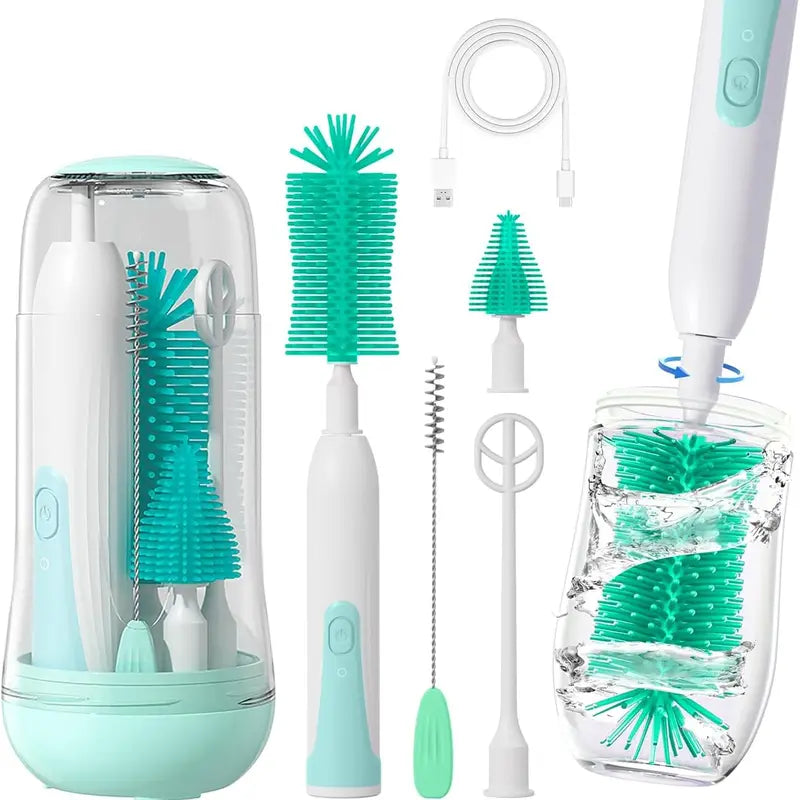 Electric Baby Bottle Brush Cleaner 360° Rotating Rechargeable Bottlewasher - Portable Kit with Food-Grade Silicone Brushes, Nipple Brush, Straw Cleaner, Drying Rack & Organizer, IPX7 Waterproof, 6-Piece Set