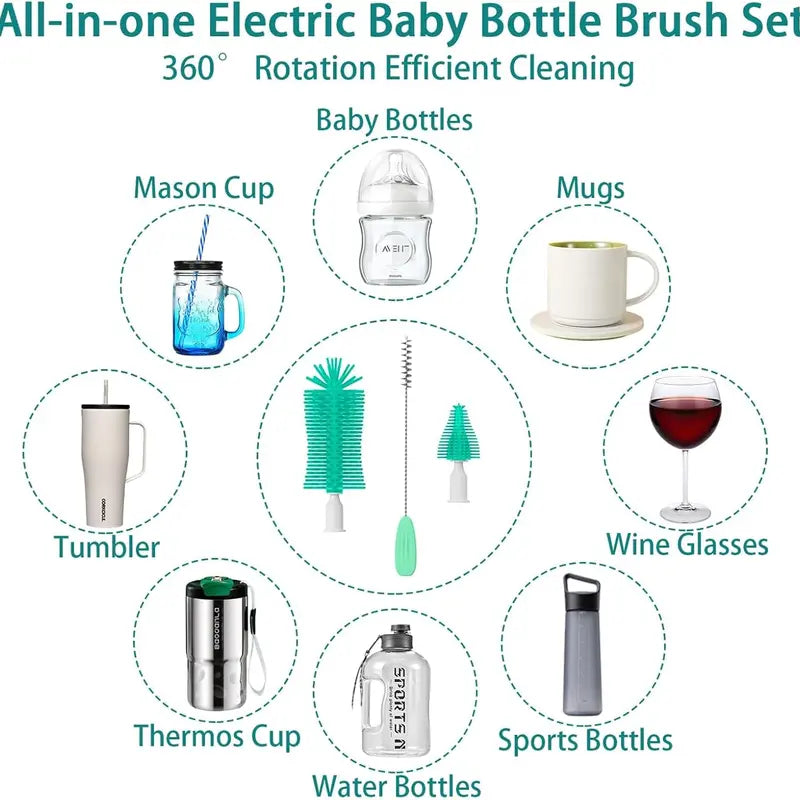 Electric Baby Bottle Brush Cleaner 360° Rotating Rechargeable Bottlewasher - Portable Kit with Food-Grade Silicone Brushes, Nipple Brush, Straw Cleaner, Drying Rack & Organizer, IPX7 Waterproof, 6-Piece Set