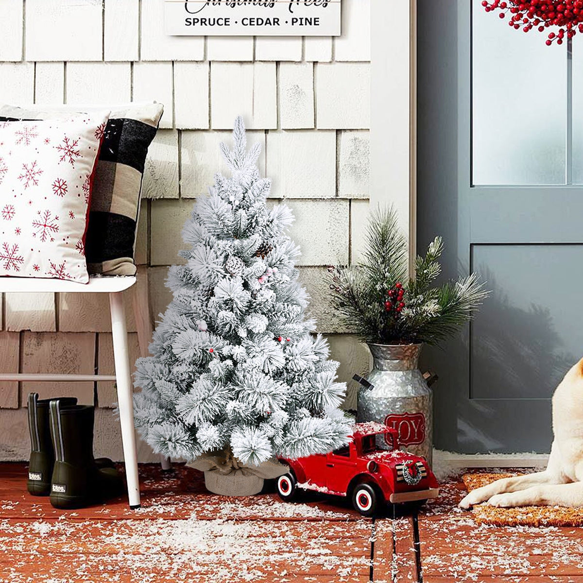 3FT Flocked Christmas Tree with Pine Cones & Berries - Snowy Mini Tree