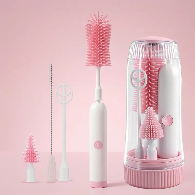 Electric Baby Bottle Brush Cleaner 360° Rotating Rechargeable Bottlewasher - Portable Kit with Food-Grade Silicone Brushes, Nipple Brush, Straw Cleaner, Drying Rack & Organizer, IPX7 Waterproof, 6-Piece Set