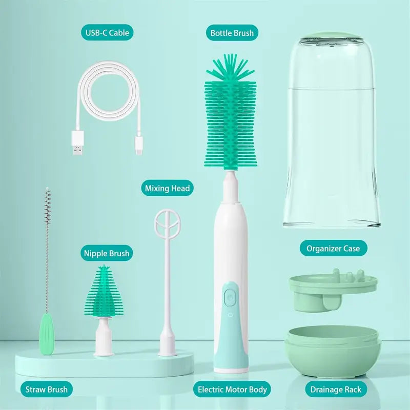Electric Baby Bottle Brush Cleaner 360° Rotating Rechargeable Bottlewasher - Portable Kit with Food-Grade Silicone Brushes, Nipple Brush, Straw Cleaner, Drying Rack & Organizer, IPX7 Waterproof, 6-Piece Set