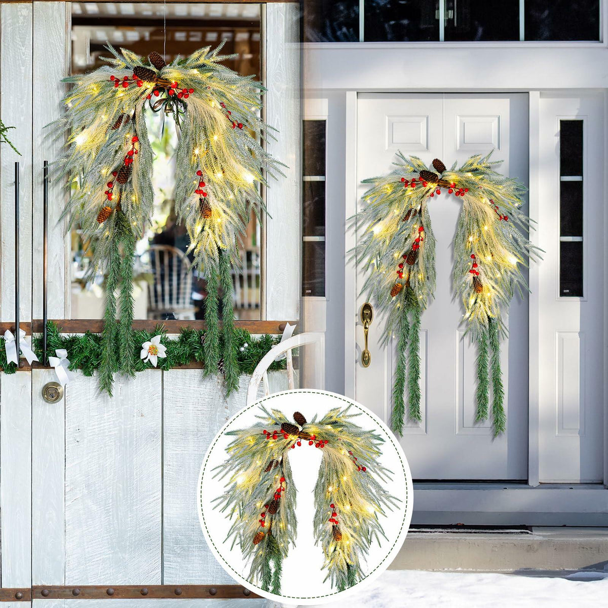 Chuangdi 36" Prelit Christmas Mailbox Swag Wreath with Pine Cones & Red Berries