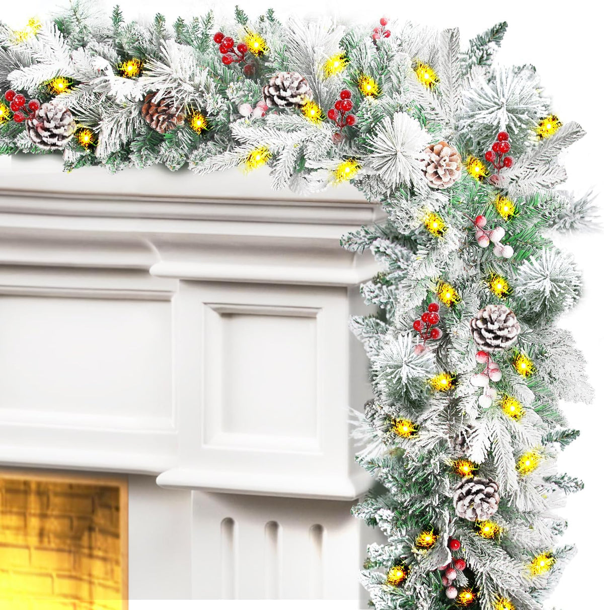 9 Ft Pre-Lit Snowy Christmas Garland with Lights & Timer