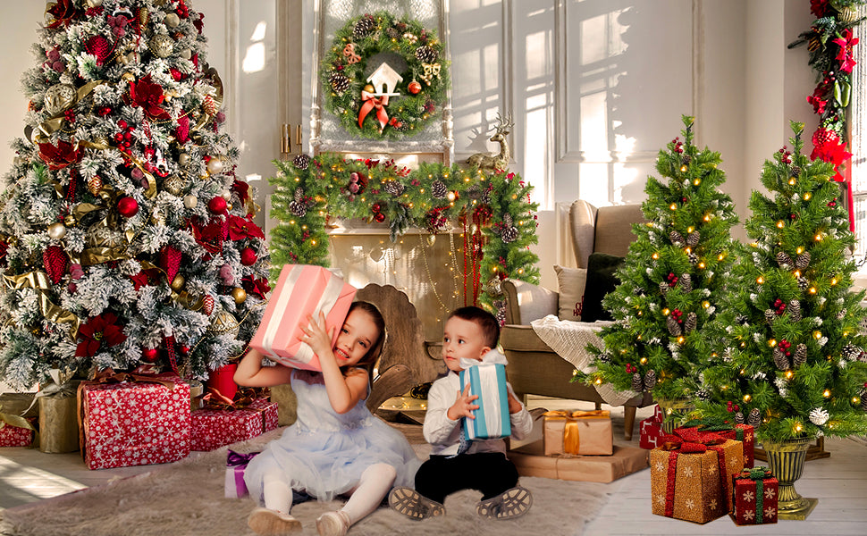 Pre-Lit Christmas Tree 4-Piece Set with LED Lights - Green