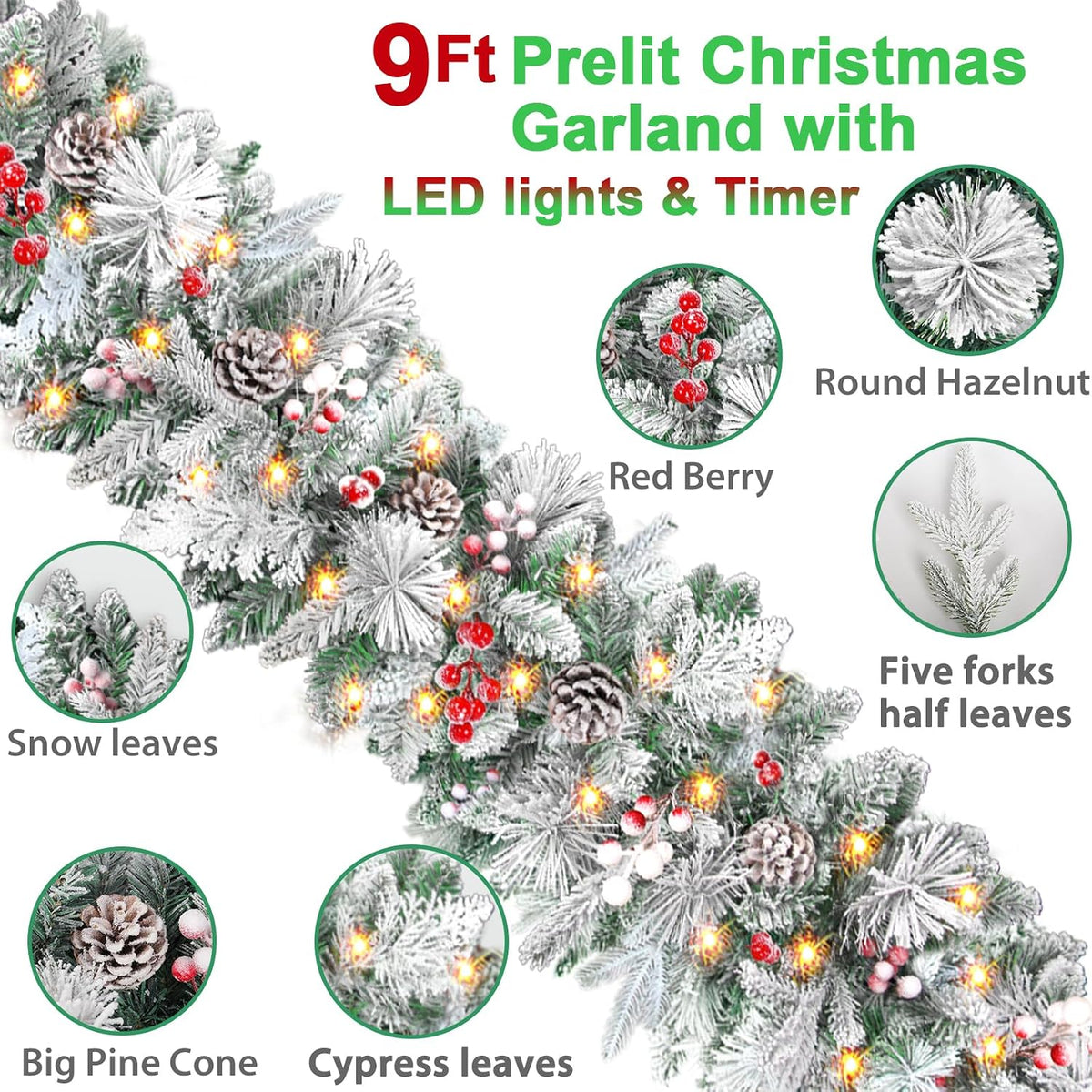 9 Ft Pre-Lit Snowy Christmas Garland with Lights & Timer