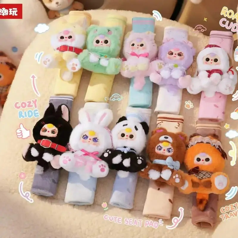 Brand New 3-Car Seat Belt Shoulder Blind Box - Cutecore Collectible Durable Soft Fluffy Kawaii Cute Stuffies, Animal Faces Character Series, Baby Gift, 9.7Cm Width, 100×83×250Mm, 14.5Kg, 96 Pcs per Carton, Stuffed Animal Collectibles