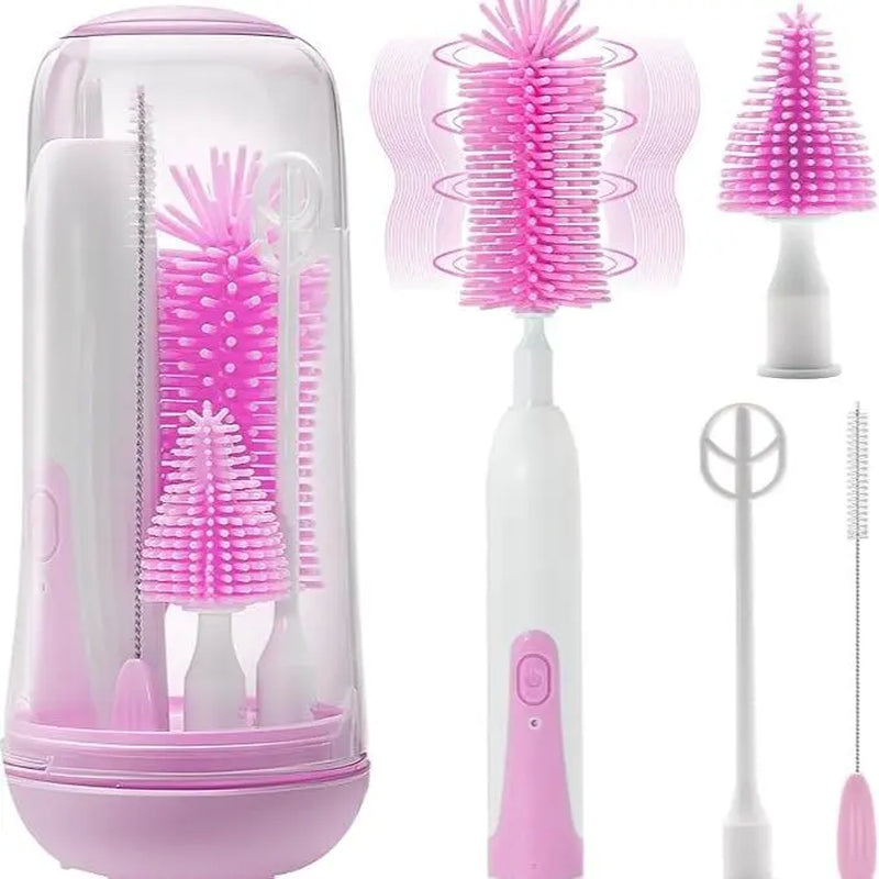Electric Baby Bottle Brush Cleaner 360° Rotating Rechargeable Bottlewasher - Portable Kit with Food-Grade Silicone Brushes, Nipple Brush, Straw Cleaner, Drying Rack & Organizer, IPX7 Waterproof, 6-Piece Set