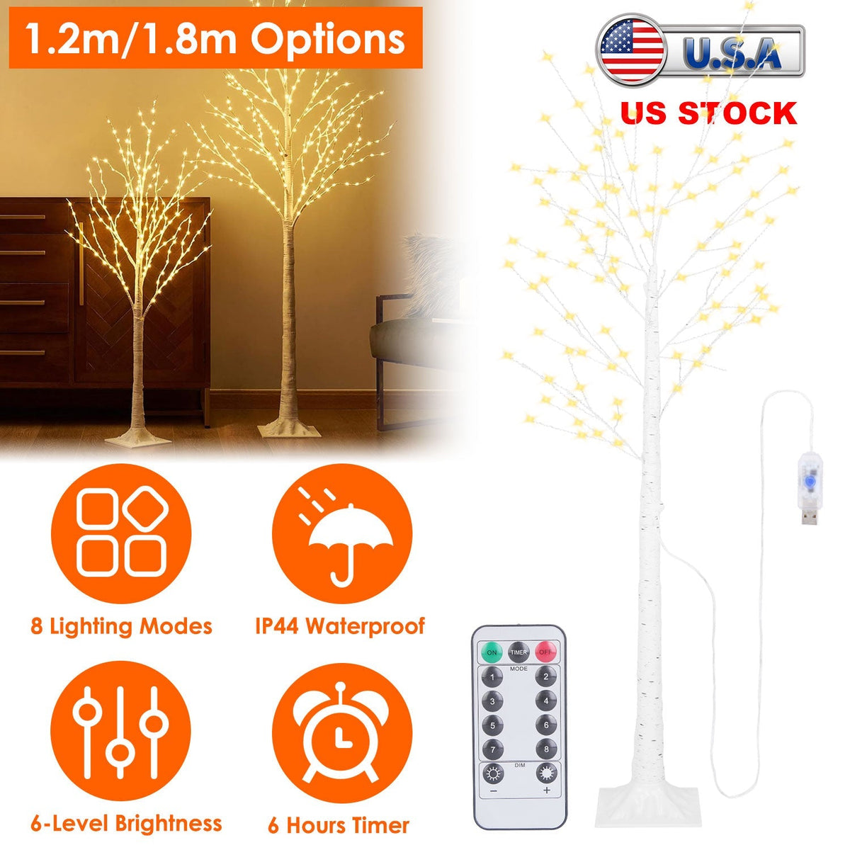 Lighted Birch Tree Artificial White Birch Twig Tree with 8 Warm White Lighting Modes for Wedding Party Christmas Holiday Festival Home Decoration
