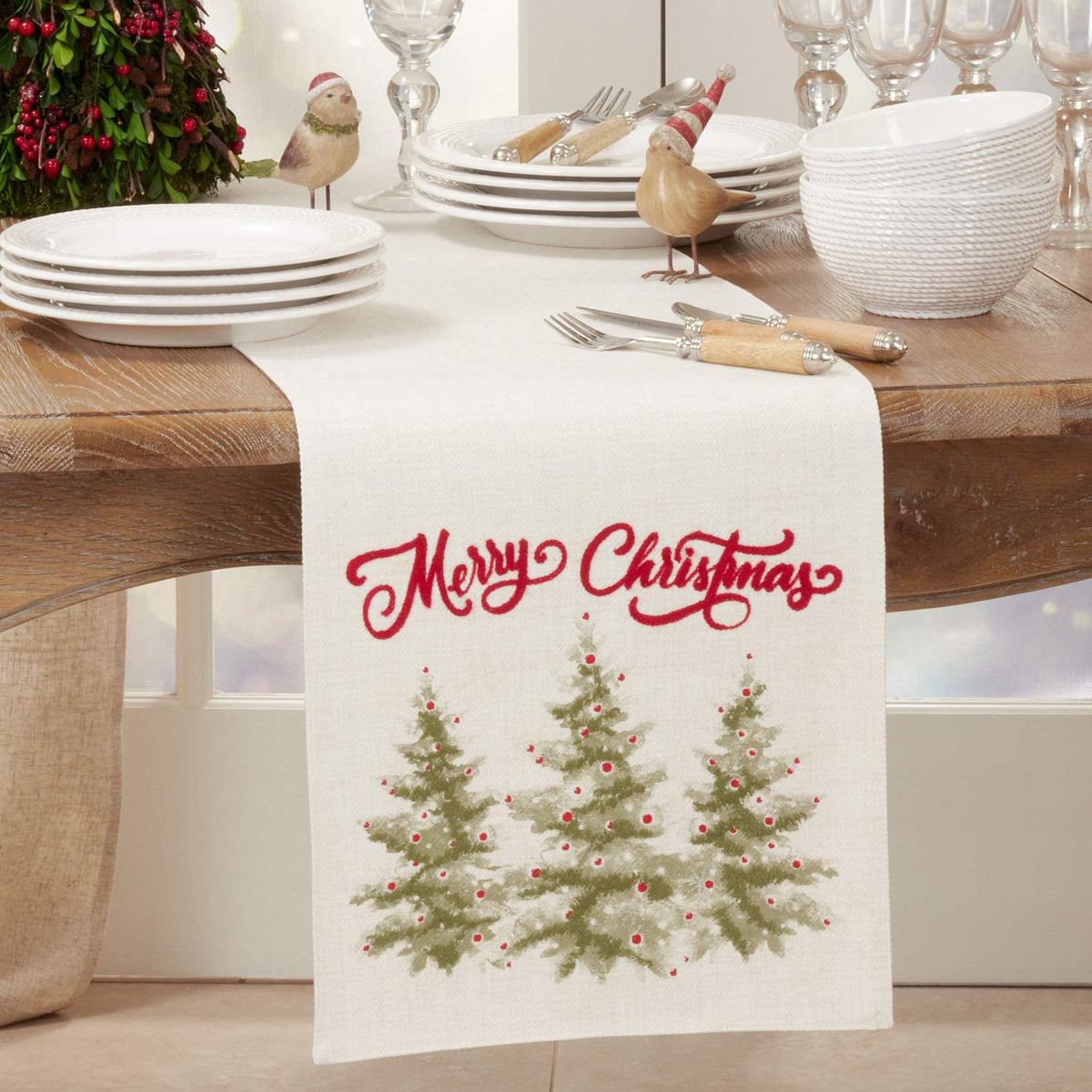 Fennco Styles Merry Christmas Holiday Trees Decorative Table Runner 13" W x 72" L - Natural Festive Table Cover for Banquets, Christmas, Special Events and Home Décor