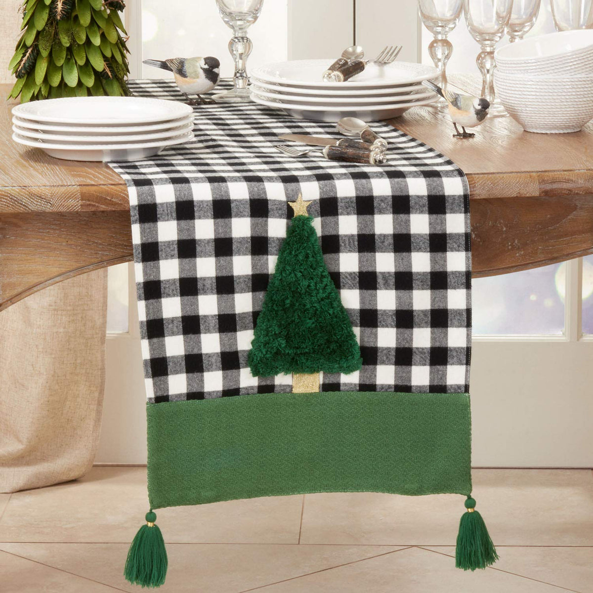 Fennco Styles Classic Buffalo Plaid Holiday Tree with Tassel Table Runner 16" W x 72" L - Green Festive Table Cover for Christmas Décor, Dining Table, Banquet, Family Gathering and Special Occasion