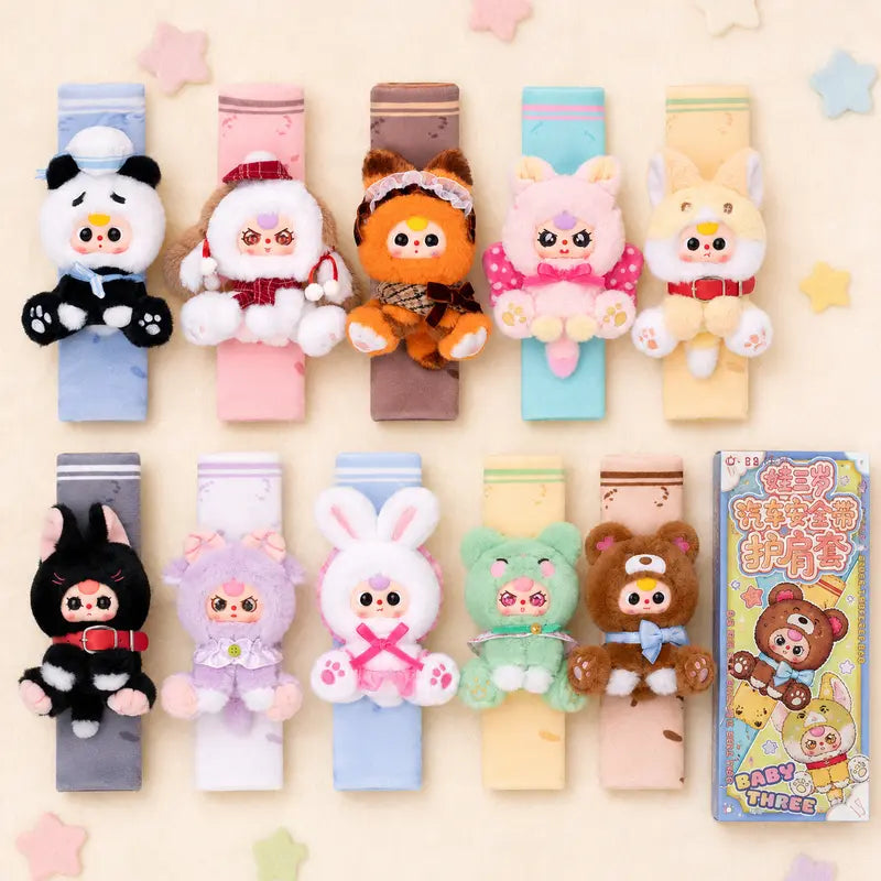 Brand New 3-Car Seat Belt Shoulder Blind Box - Cutecore Collectible Durable Soft Fluffy Kawaii Cute Stuffies, Animal Faces Character Series, Baby Gift, 9.7Cm Width, 100×83×250Mm, 14.5Kg, 96 Pcs per Carton, Stuffed Animal Collectibles