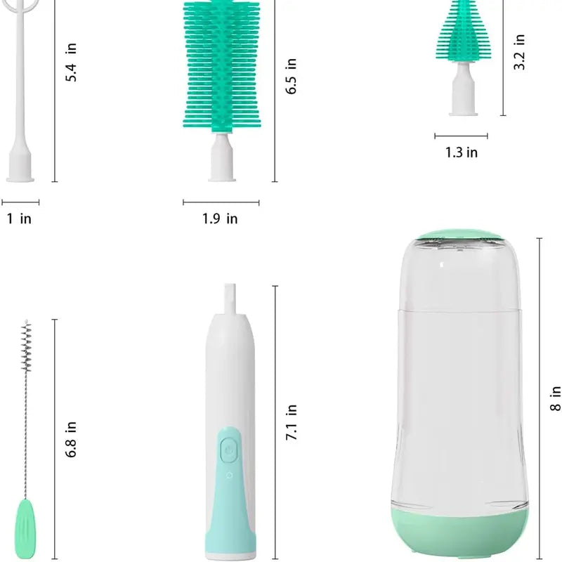 Electric Baby Bottle Brush Cleaner 360° Rotating Rechargeable Bottlewasher - Portable Kit with Food-Grade Silicone Brushes, Nipple Brush, Straw Cleaner, Drying Rack & Organizer, IPX7 Waterproof, 6-Piece Set