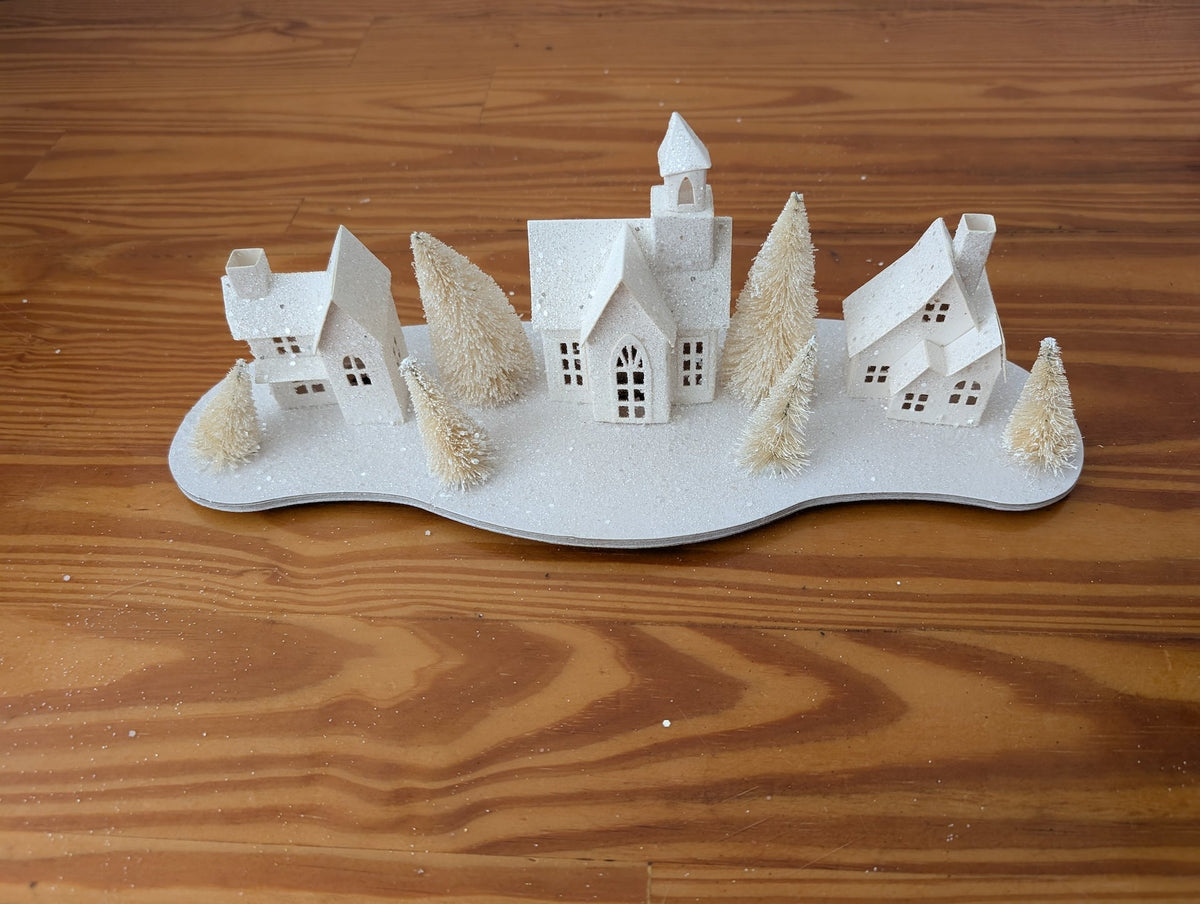 White Glitter Christmas Village from Unknown -  Holiday Decor (Cardboard, Paper, Glitter, Plastic Decor, Traditional, Scandinavian, Minimalist, White)
