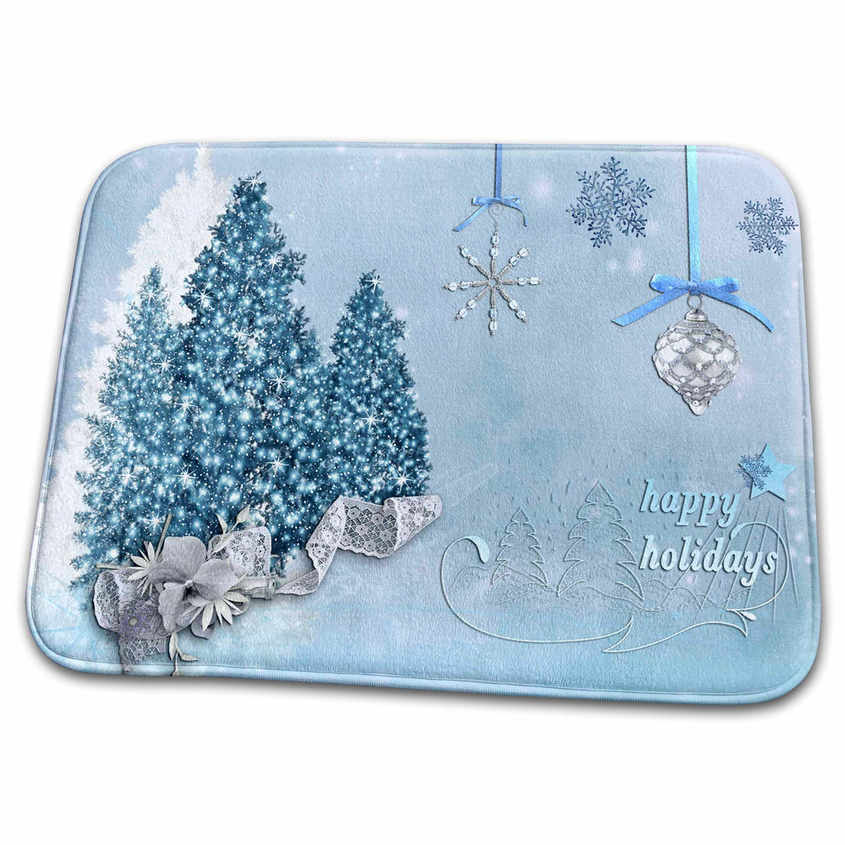 Dish Drying Mat - Blue Christmas art snow ornaments and Christmas tree in silver tones Holidays
