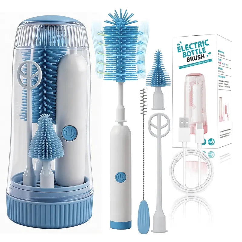 Electric Baby Bottle Brush Cleaner 360° Rotating Rechargeable Bottlewasher - Portable Kit with Food-Grade Silicone Brushes, Nipple Brush, Straw Cleaner, Drying Rack & Organizer, IPX7 Waterproof, 6-Piece Set