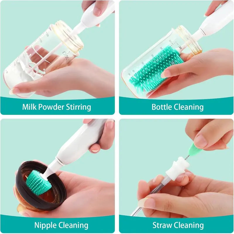 Electric Baby Bottle Brush Cleaner 360° Rotating Rechargeable Bottlewasher - Portable Kit with Food-Grade Silicone Brushes, Nipple Brush, Straw Cleaner, Drying Rack & Organizer, IPX7 Waterproof, 6-Piece Set