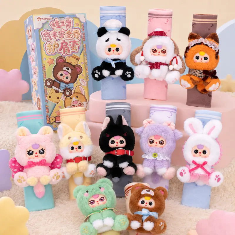 Brand New 3-Car Seat Belt Shoulder Blind Box - Cutecore Collectible Durable Soft Fluffy Kawaii Cute Stuffies, Animal Faces Character Series, Baby Gift, 9.7Cm Width, 100×83×250Mm, 14.5Kg, 96 Pcs per Carton, Stuffed Animal Collectibles