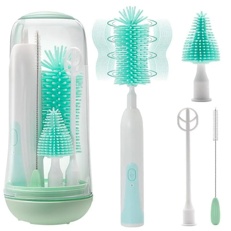 Electric Baby Bottle Brush Cleaner 360° Rotating Rechargeable Bottlewasher - Portable Kit with Food-Grade Silicone Brushes, Nipple Brush, Straw Cleaner, Drying Rack & Organizer, IPX7 Waterproof, 6-Piece Set