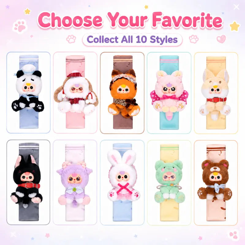 Brand New 3-Car Seat Belt Shoulder Blind Box - Cutecore Collectible Durable Soft Fluffy Kawaii Cute Stuffies, Animal Faces Character Series, Baby Gift, 9.7Cm Width, 100×83×250Mm, 14.5Kg, 96 Pcs per Carton, Stuffed Animal Collectibles