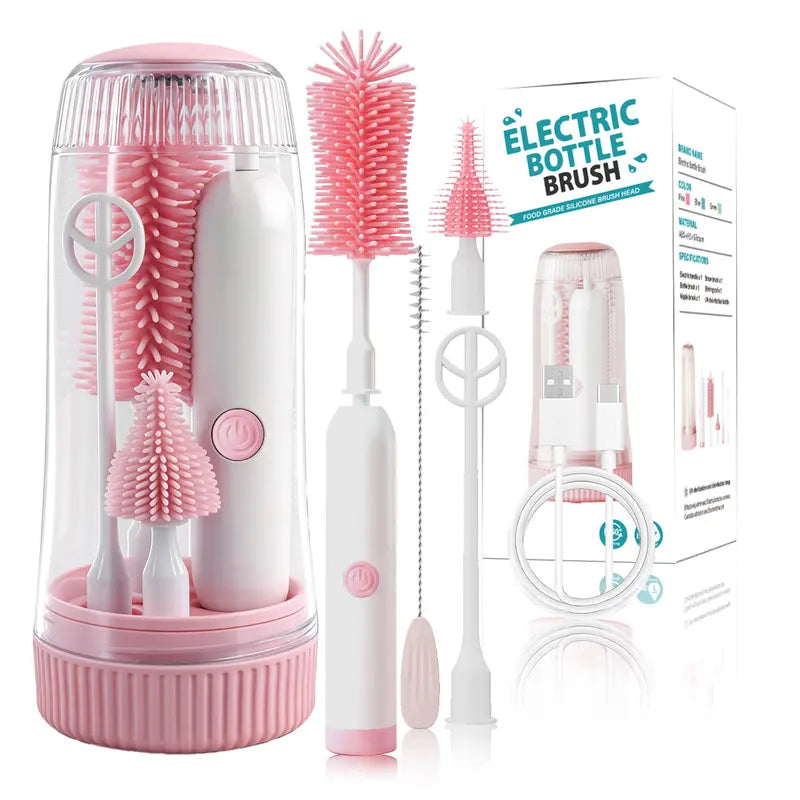 Electric Baby Bottle Brush Cleaner 360° Rotating Rechargeable Bottlewasher - Portable Kit with Food-Grade Silicone Brushes, Nipple Brush, Straw Cleaner, Drying Rack & Organizer, IPX7 Waterproof, 6-Piece Set