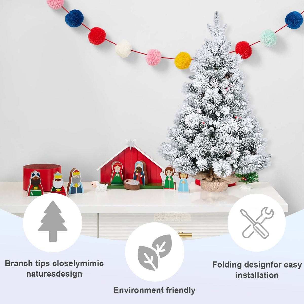 3FT Flocked Christmas Tree with Pine Cones & Berries - Snowy Mini Tree