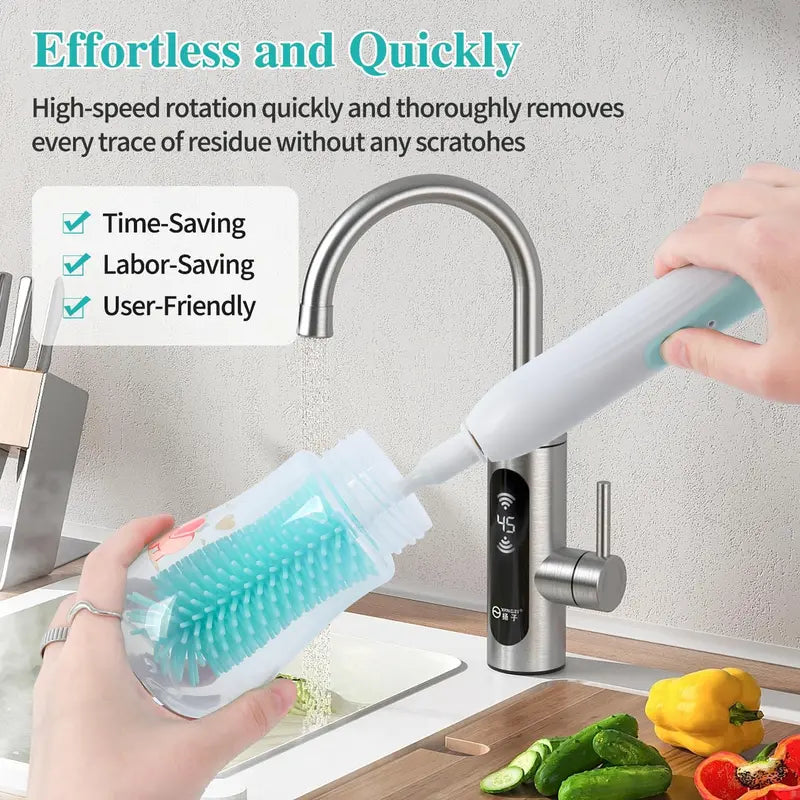 Electric Baby Bottle Brush Cleaner 360° Rotating Rechargeable Bottlewasher - Portable Kit with Food-Grade Silicone Brushes, Nipple Brush, Straw Cleaner, Drying Rack & Organizer, IPX7 Waterproof, 6-Piece Set