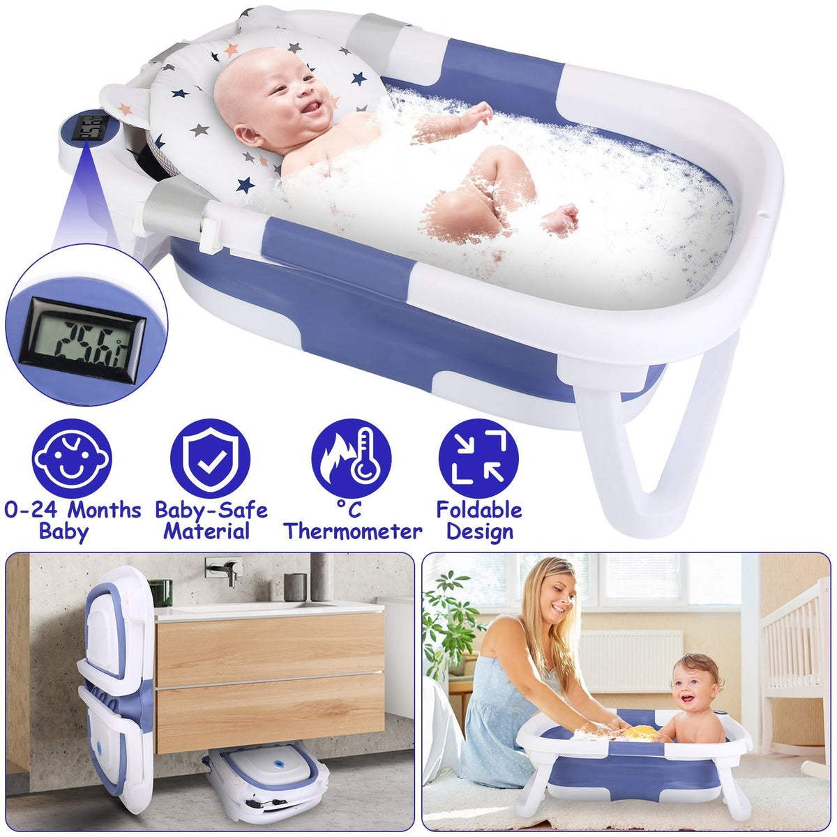 Baby Bath Tub with Thermometer Collapsible Travel-Friendly 0-24Months Baby Bathtub with Drain Hole For Newborn Infant Toddler Odorless Non-Toxic Folda