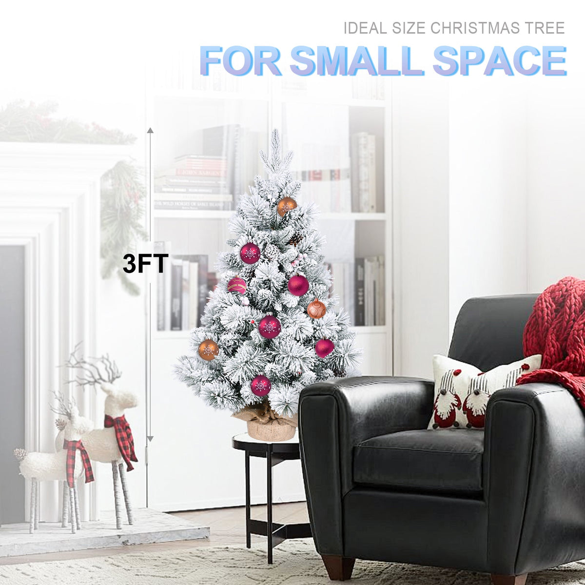 3FT Flocked Christmas Tree with Pine Cones & Berries - Snowy Mini Tree