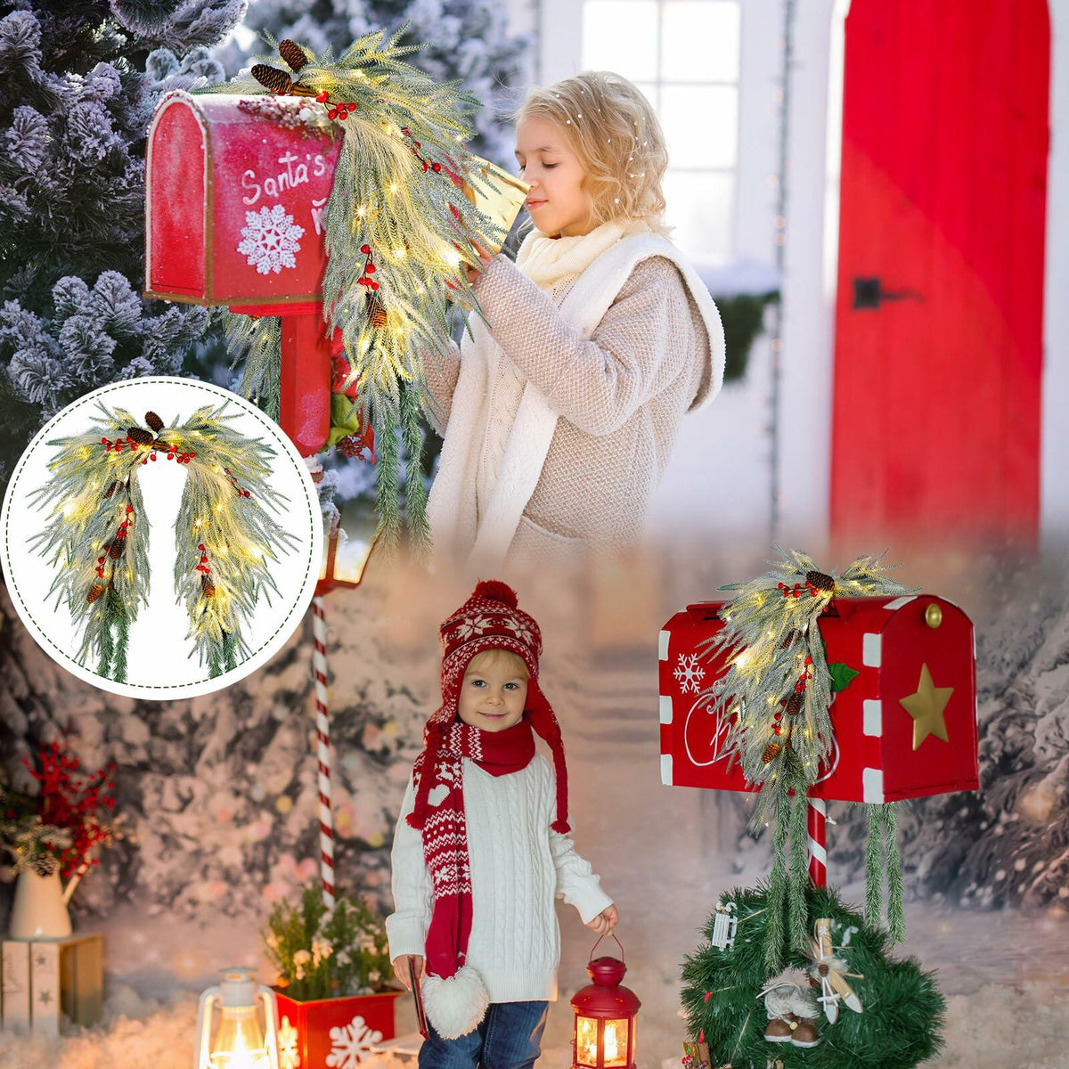 Chuangdi 36" Prelit Christmas Mailbox Swag Wreath with Pine Cones & Red Berries